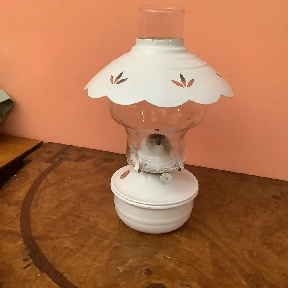 Vintage Lamplight Farms Metal Oil Lamp Punched Flowers Tin Shade Glass Chimney